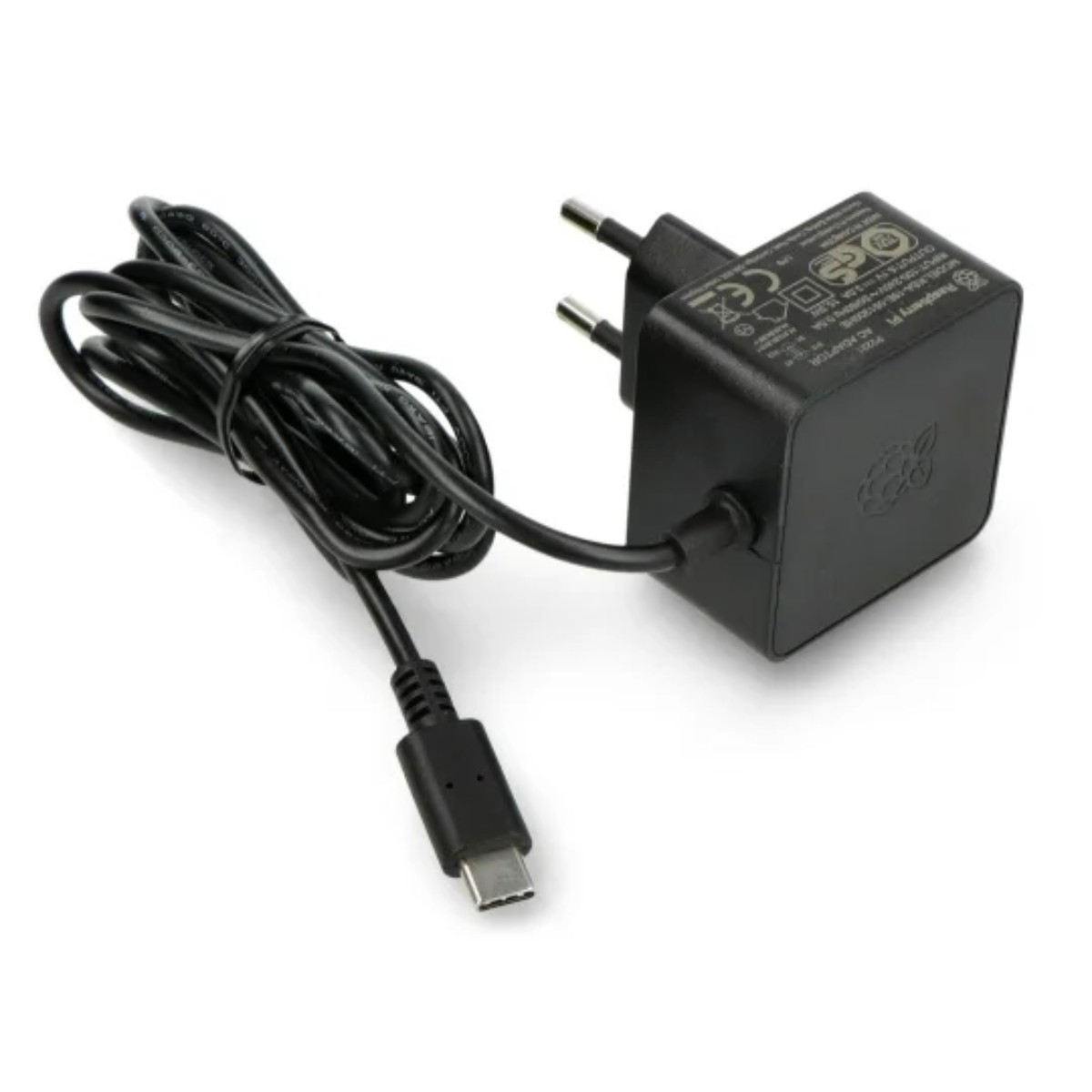 Adattatore di alimentazione nero con cavo. Connettore USB-C. Sfondo bianco.