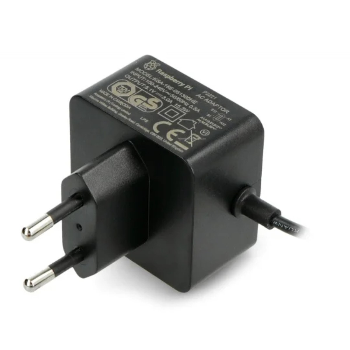 Un adattatore CA Raspberry Pi nero con una spina a due poli. L'adattatore presenta del testo.