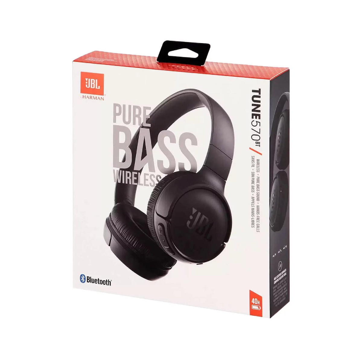 Una scatola di cuffie wireless JBL Pure Bass. La scatola è bianca, nera e rossa.