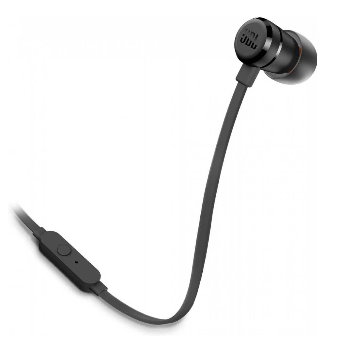 Auricolari JBL neri collegati con un cavo nero a un pulsante di controllo e un jack.