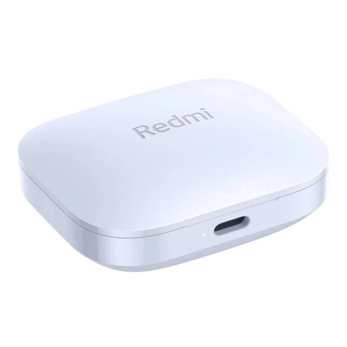 Un estuche de carga de auriculares Redmi blanco, con un puerto de carga en la parte inferior.
