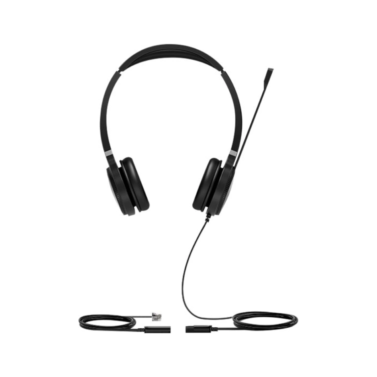 Czarny zestaw słuchawkowy z mikrofonem i dwoma kablami łączącymi.