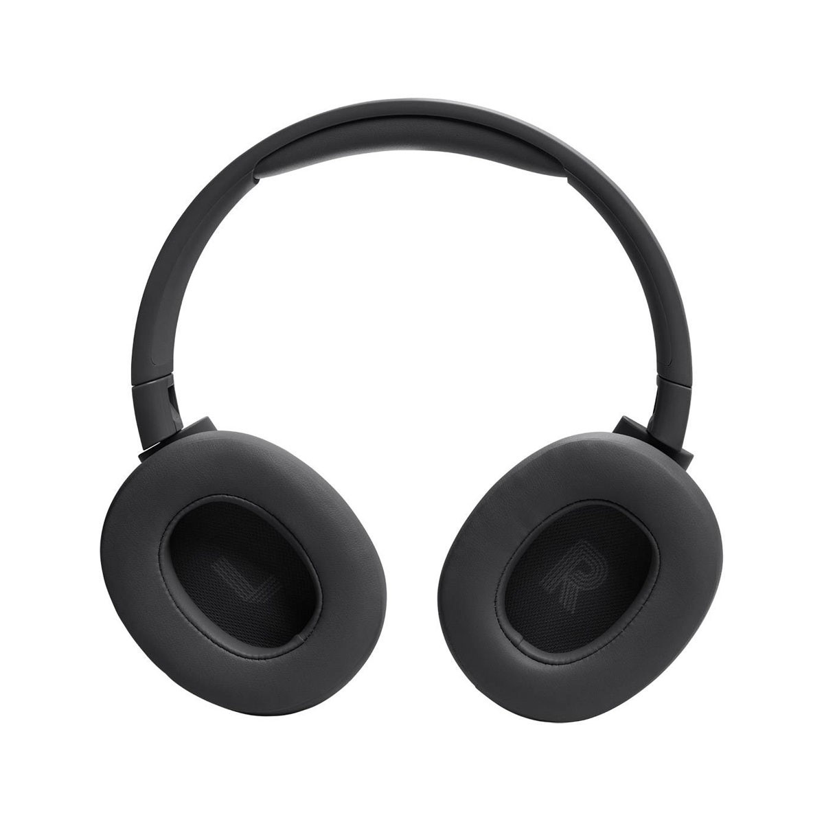 Czarne słuchawki, widok z góry, z nausznicami i literą 'R'.