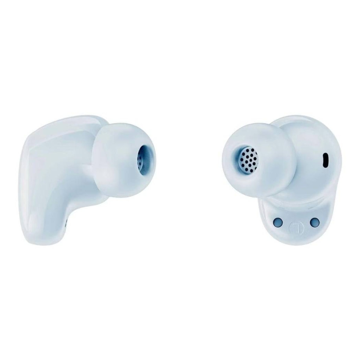 Dwa białe wkładki douszne obok siebie, z widocznymi wkładkami i otworami.