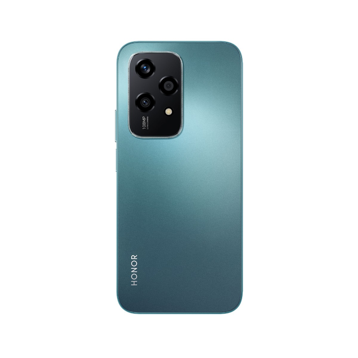 Tył turkusowego telefonu z modułem aparatu i logo HONOR.