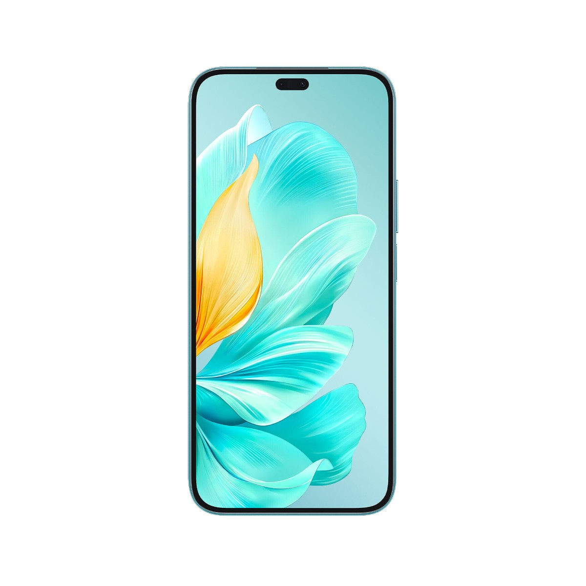 Turkusowy smartfon wyświetla turkusowy i żółty kwiatowy wzór.