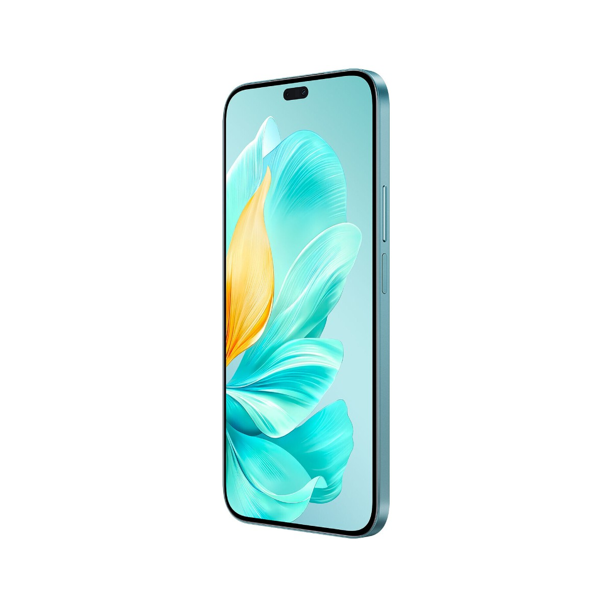 Turkusowy smartfon, widok z boku, prezentujący kwiatowy wzór na ekranie.