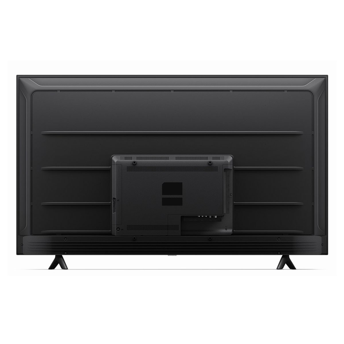 Vista trasera de un televisor negro con un panel central y dos soportes.