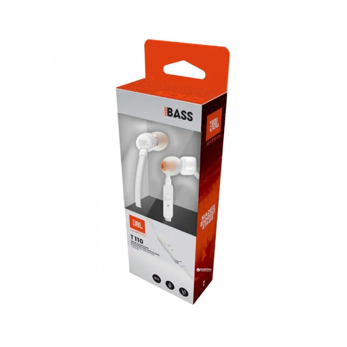 JBL T110 oortelefoons in een wit-oranje doos.