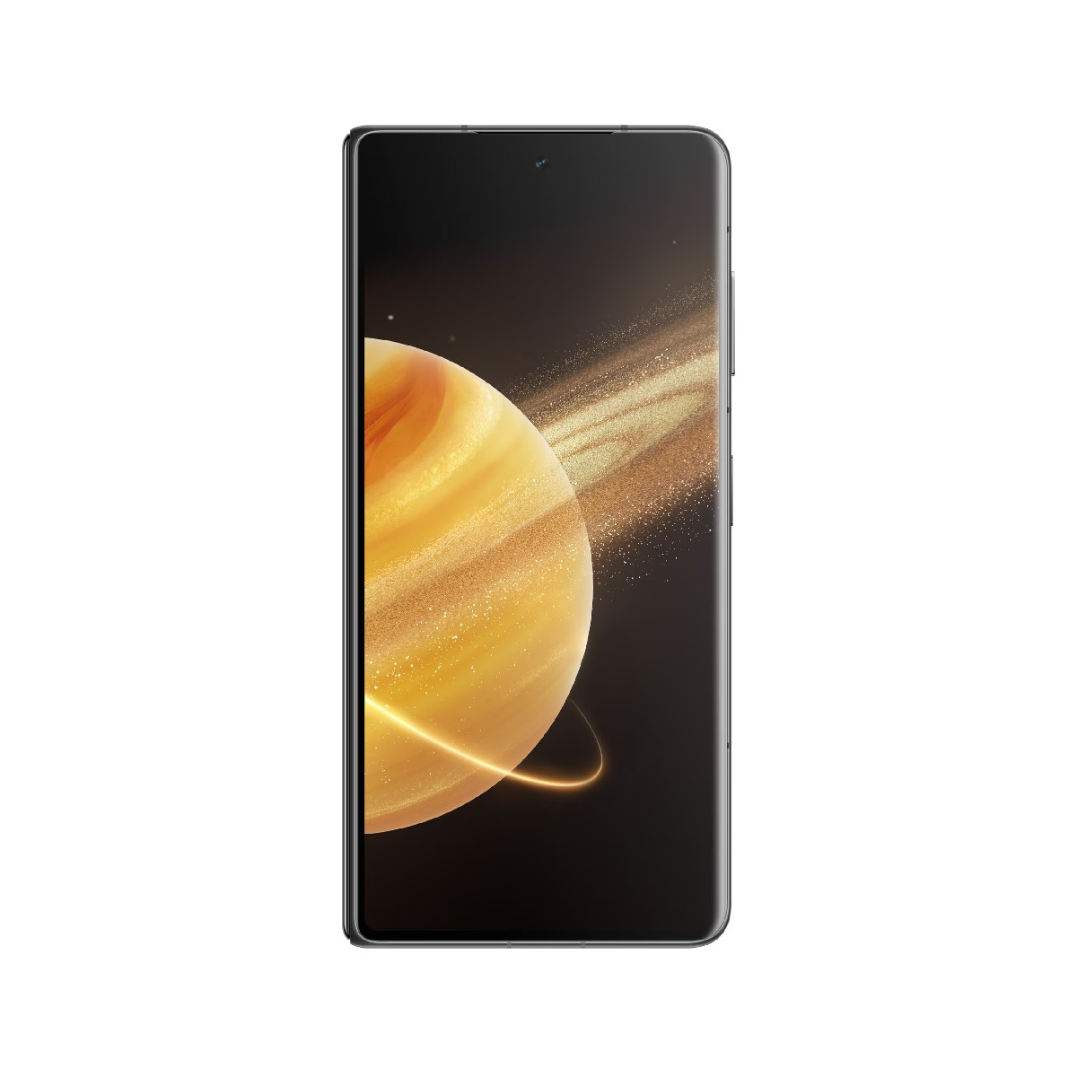 Telefon komórkowy, ekran włączony, pokazujący żółtą planetę z pierścieniami na ciemnym tle.