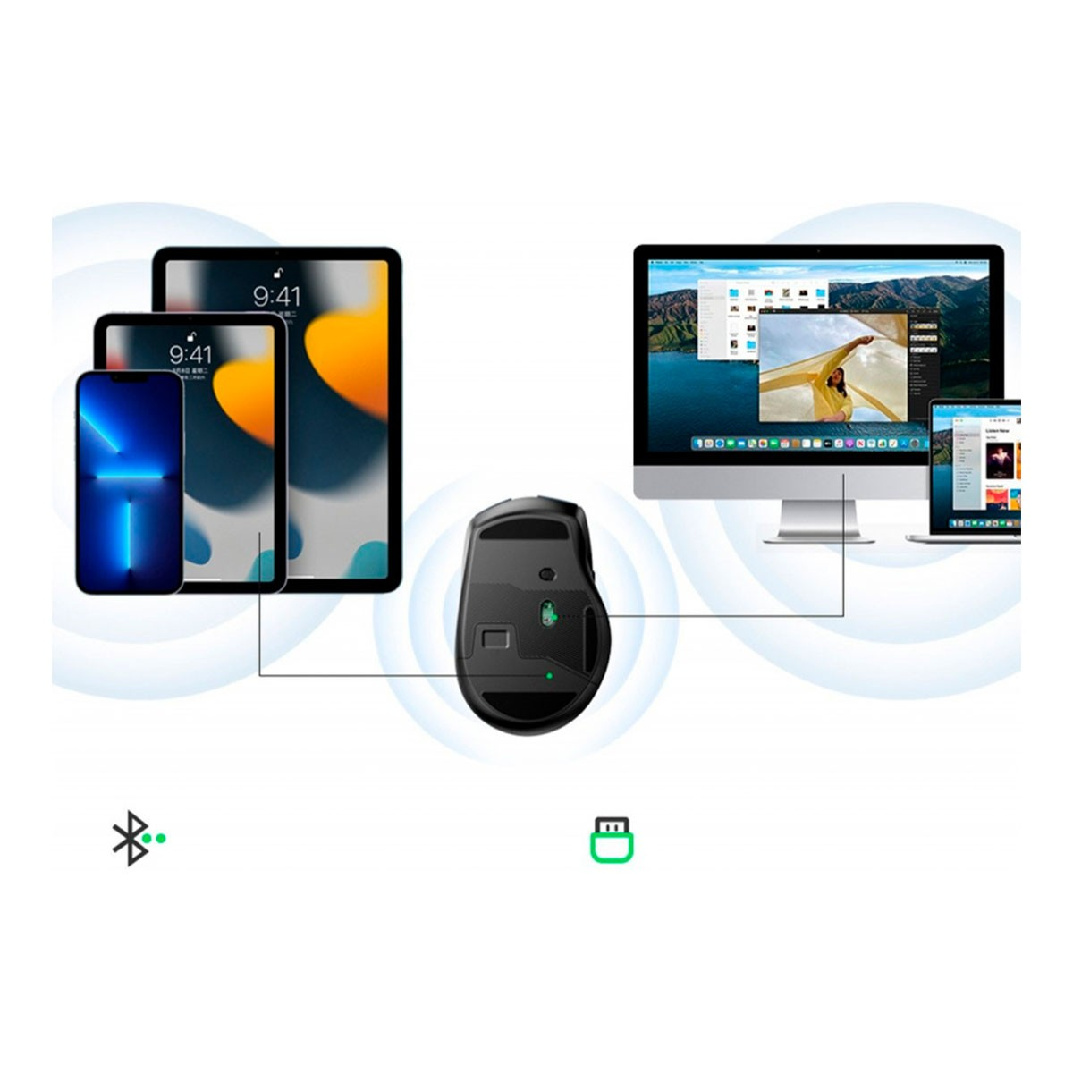 Czarna mysz podłączona do wielu urządzeń, w tym tabletu, telefonu i komputera.