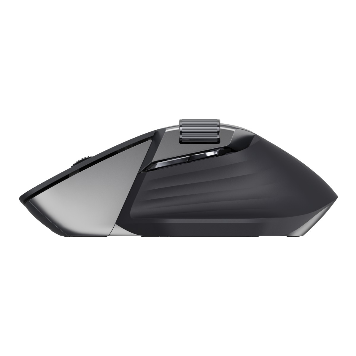 Mouse per computer nero e argento da un'angolazione, vista laterale.