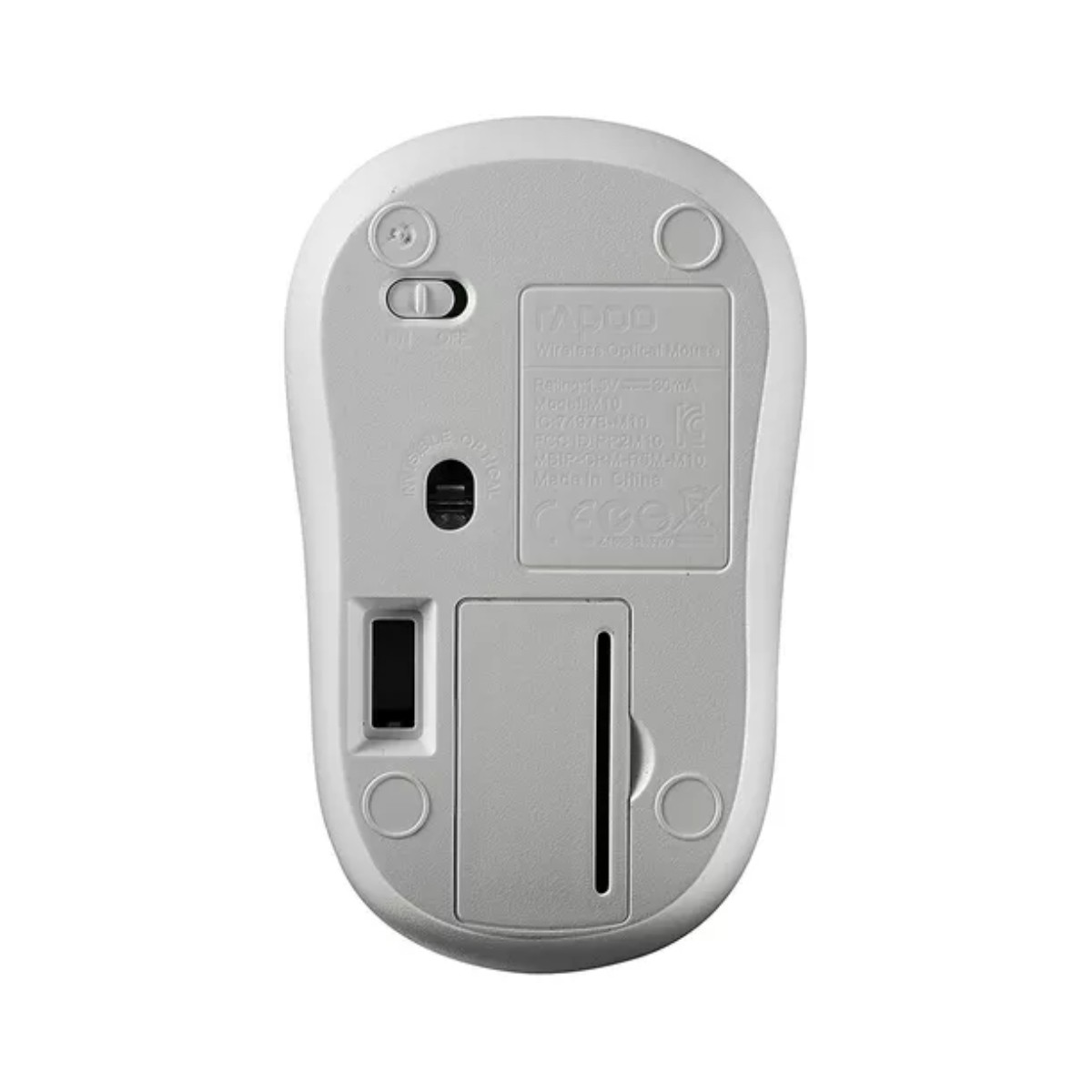 Widok od spodu białej myszy bezprzewodowej z Rapoo i wydrukowanymi szczegółami technicznymi.