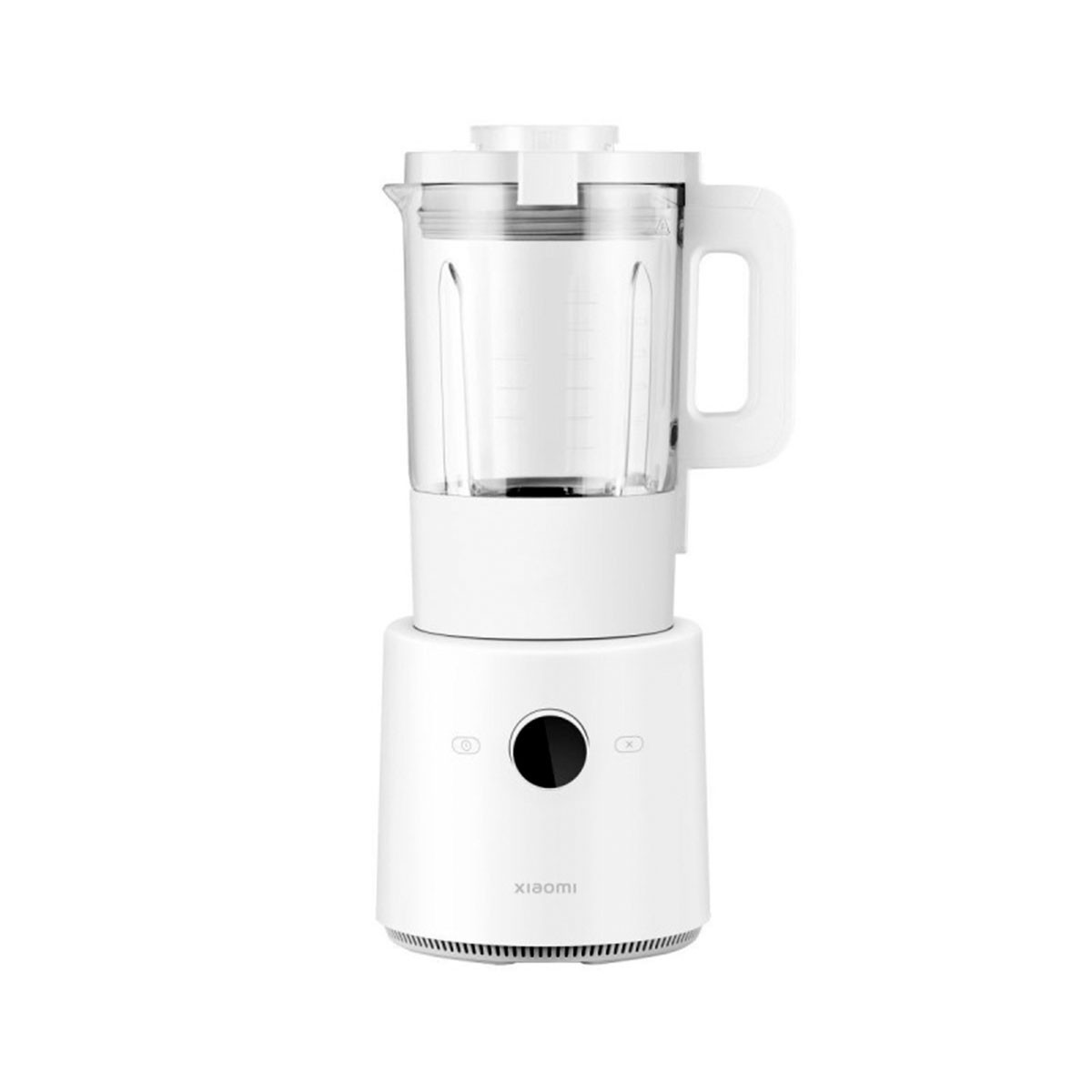 Een witte blender op een witte achtergrond. Het heeft een doorzichtige container en een witte basis.