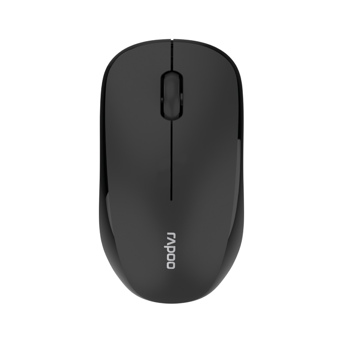 Un ratón inalámbrico negro con el logotipo de Rapoo en la parte superior.