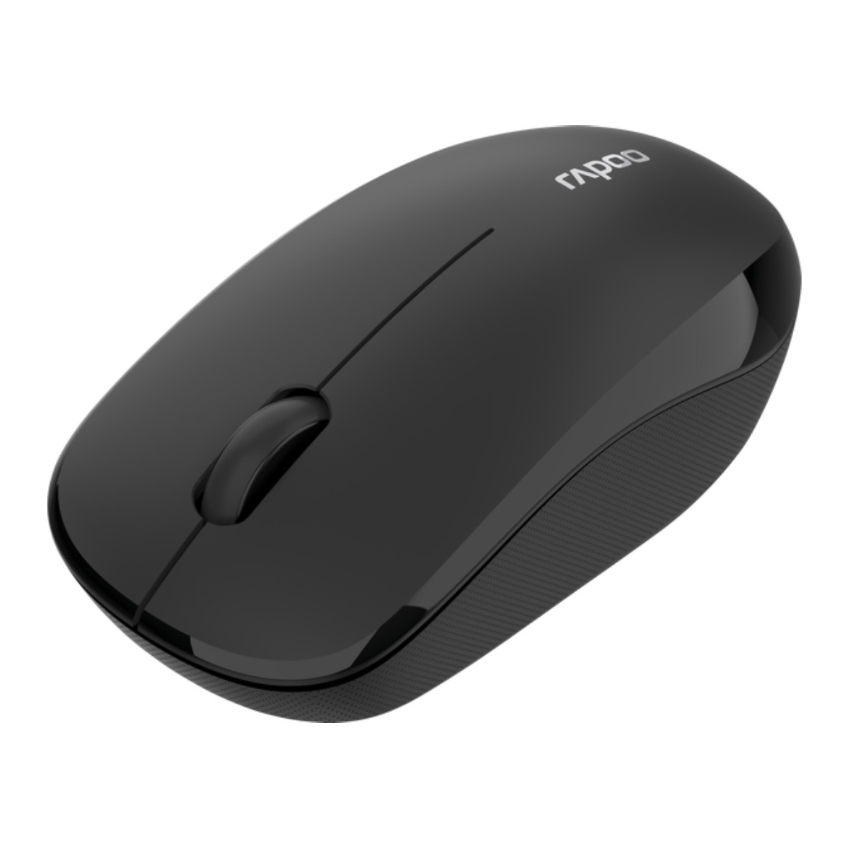 Un ratón inalámbrico negro con un diseño elegante y una rueda de desplazamiento.