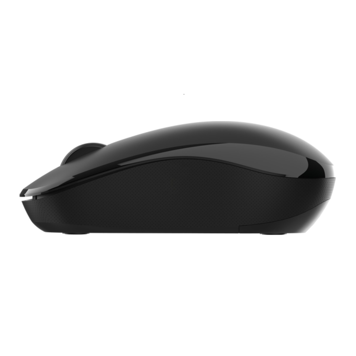Ratón negro, vista lateral. Muestra la forma curva y la textura del ratón, con una superficie lisa.