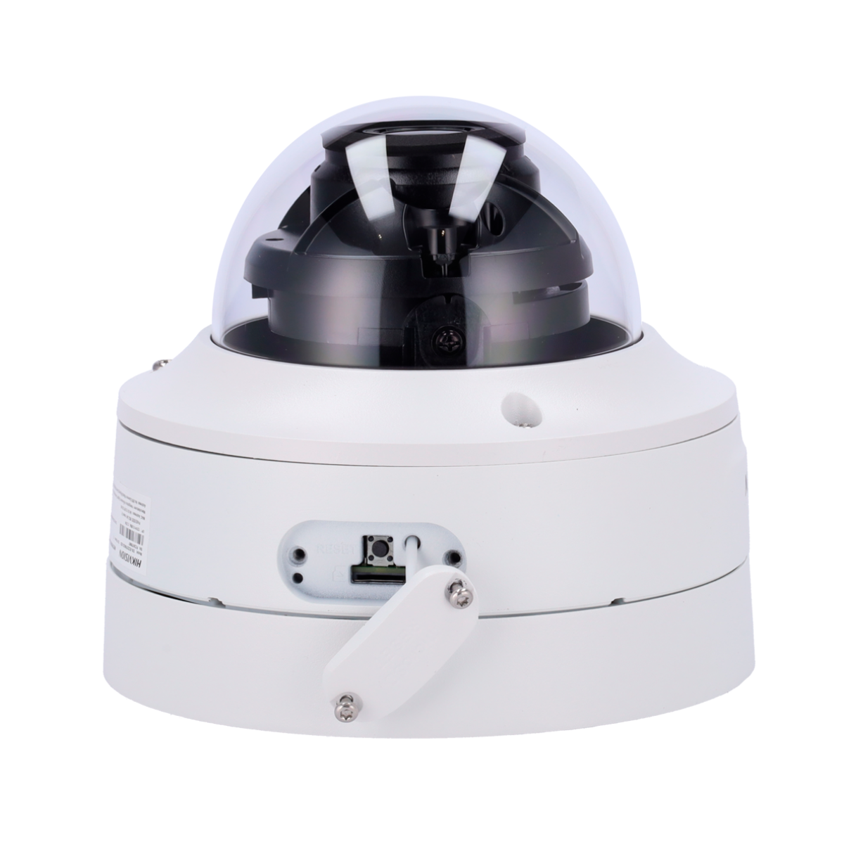 White dome security camera, back view. Reveals the camera's internal components and mounting details.