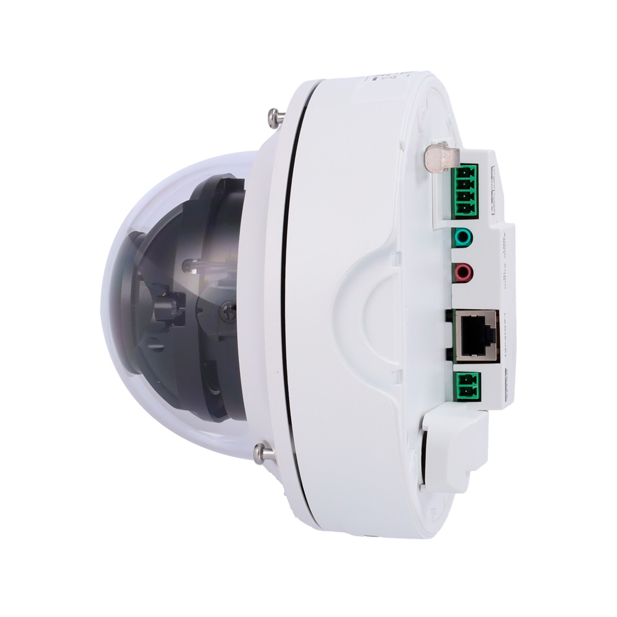 A white security camera with a glass dome and various ports.