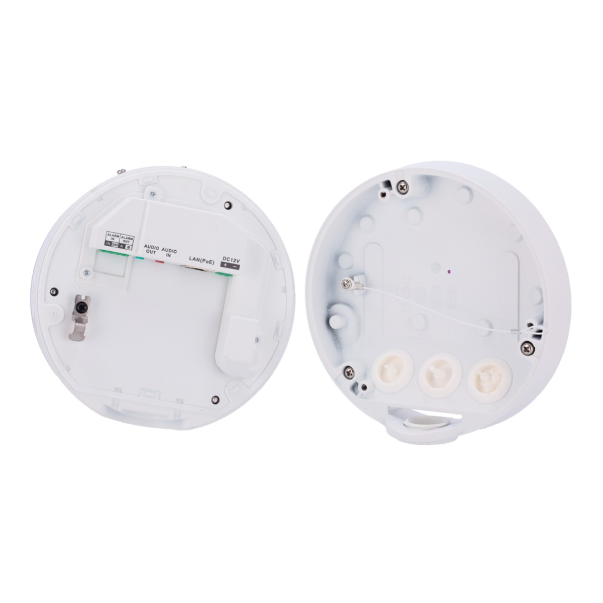 Two white round devices. One shows internal components, other shows back with connection ports.