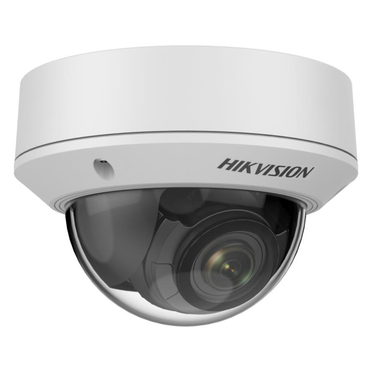 Een witte koepel beveiligingscamera met het woord HIKVISION erop. Zwarte lenskap.