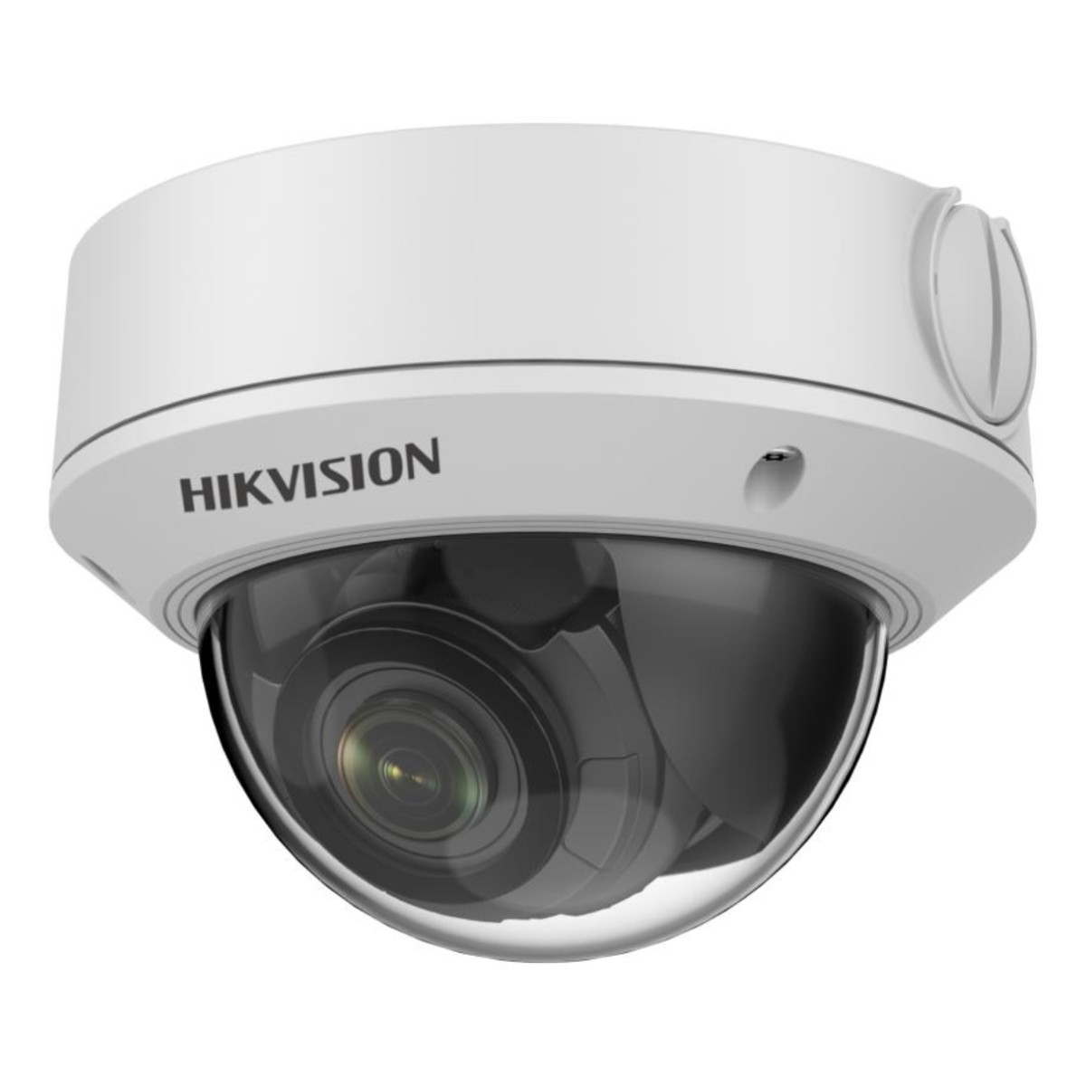Een witte beveiligingscamera met een glazen koepel en 'HIKVISION' erop geschreven.