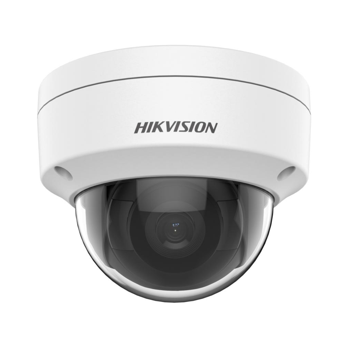 Biała kamera kopułkowa z napisem HIKVISION. Czarny obiektyw i białe tło.