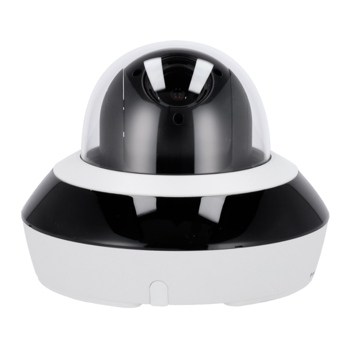Czarno-biała kamera kopułkowa z przezroczystą kopułą.