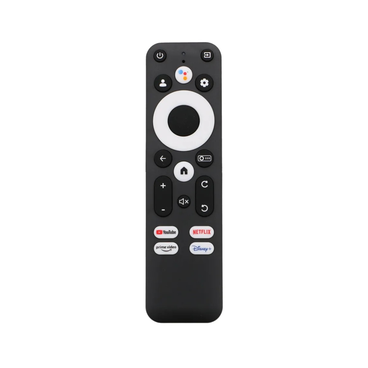 Telecomando nero con diversi pulsanti, tra cui YouTube, Netflix e Disney+.