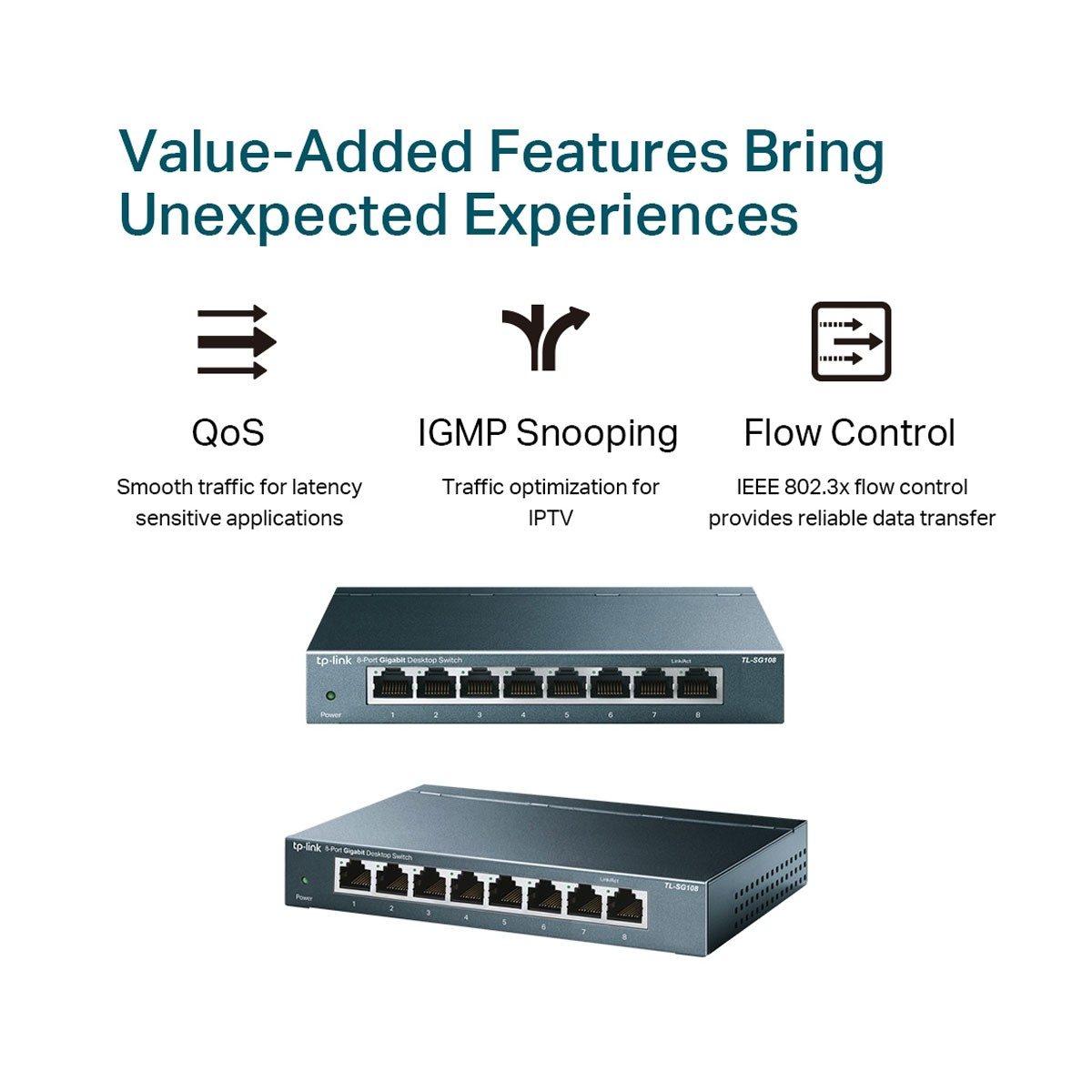 Obraz z przełącznikiem sieciowym, z ikonami i tekstem o funkcjach takich jak QoS i IGMP Snooping.