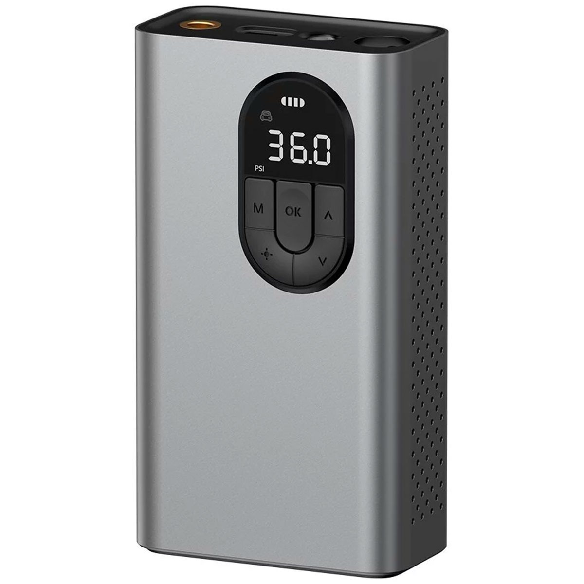 Pompa ad aria argento e nera con display digitale 36.0 PSI. Pulsanti neri.