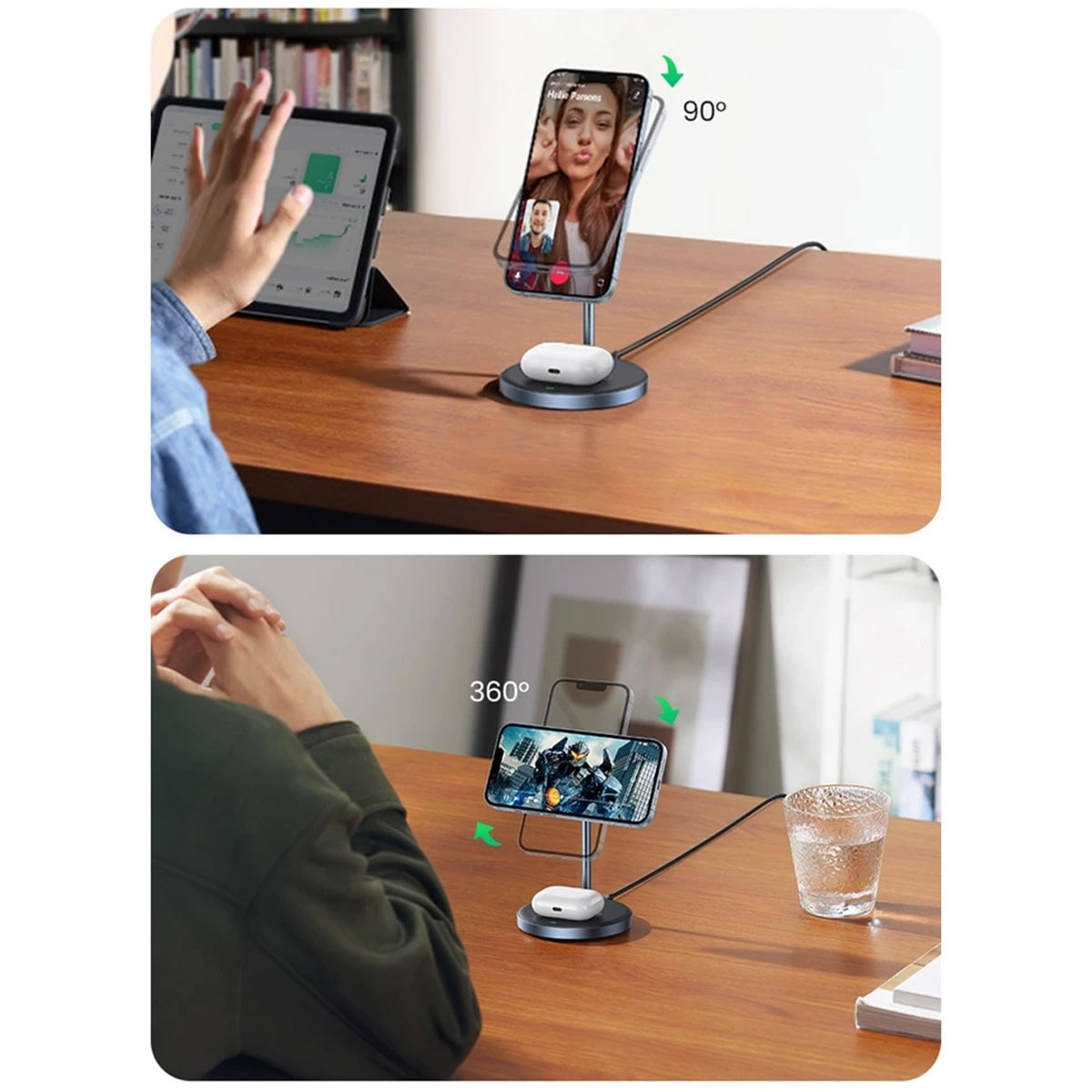Bir stand üzerindeki bir telefonun iki görünümü. Biri 90 derecelik bir video görüşmesi, diğeri yatay görünümü gösteriyor.