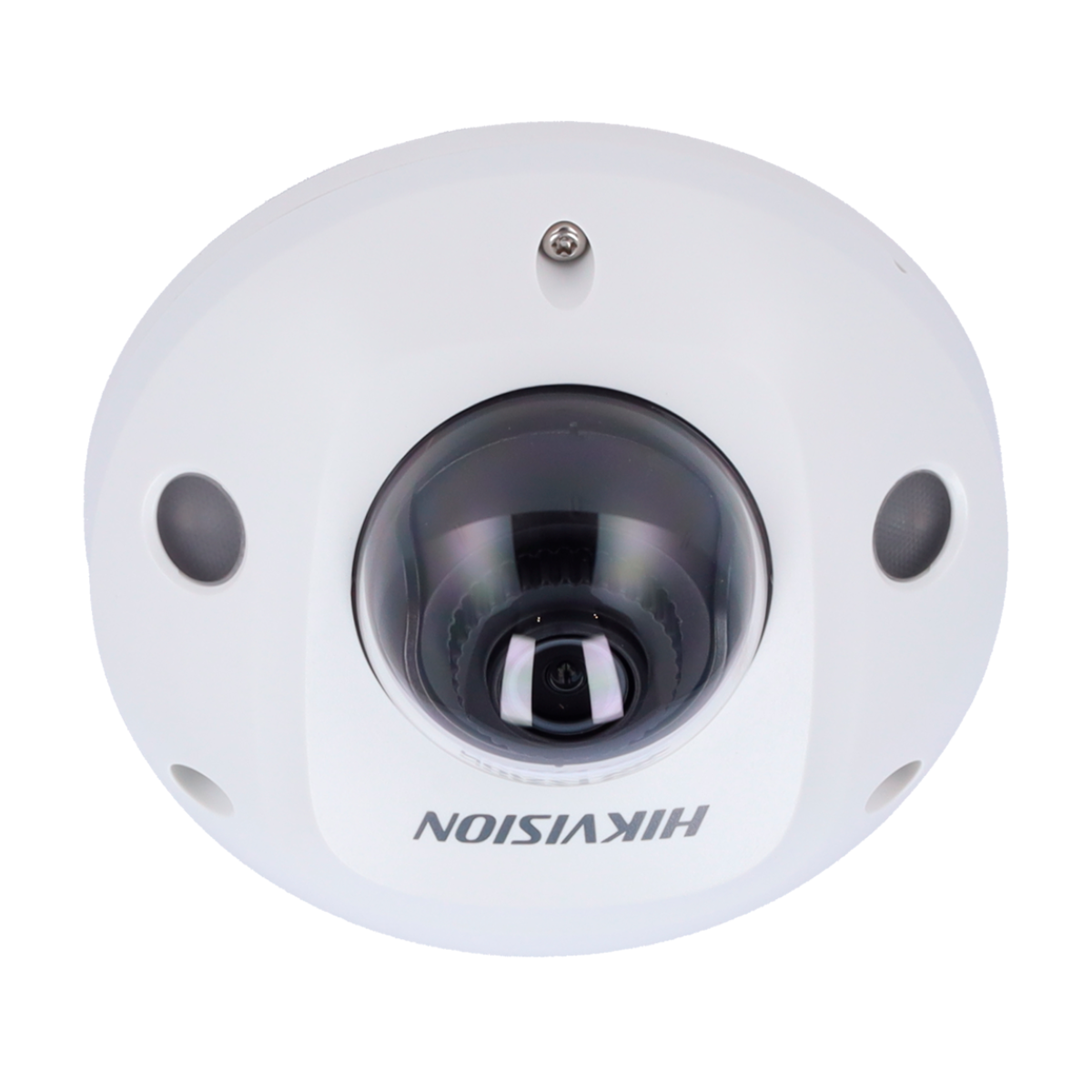 Witte Hikvision beveiligingscamera met een zwarte, transparante lens. Kleine ronde gaten zijn zichtbaar.