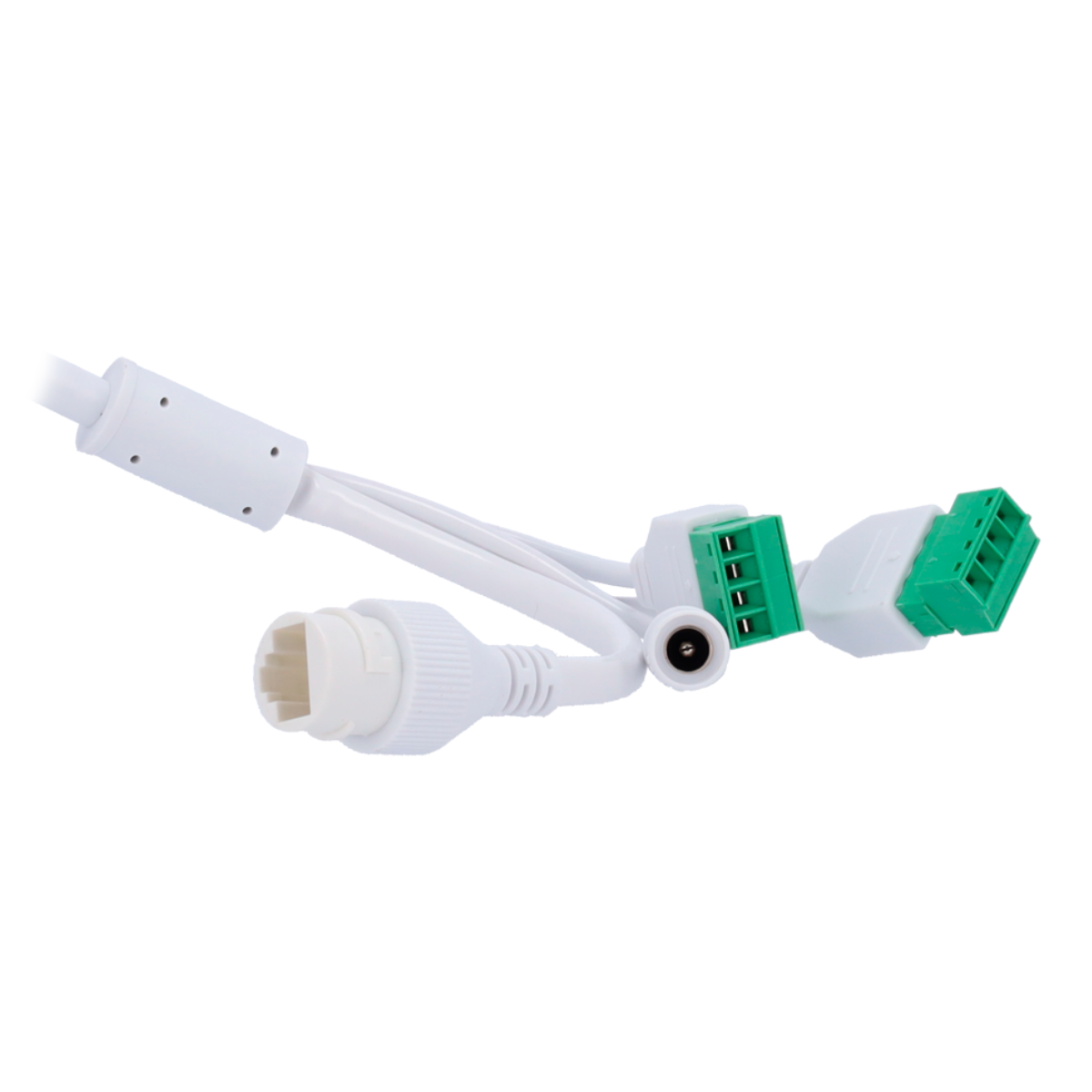 Witte kabelassemblage met diverse connectoren: RJ45, een voedingsconnector en twee groene klemmenblokken.