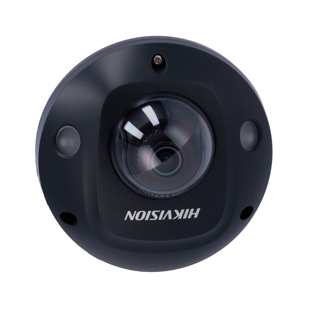 Telecamera di sicurezza Hikvision nera con obiettivo nero trasparente. Sono visibili piccoli fori circolari.