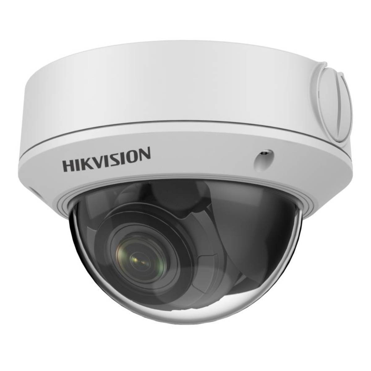 Biała kamera kopułkowa Hikvision. Posiada przezroczystą, zaokrągloną osłonę obiektywu kamery.