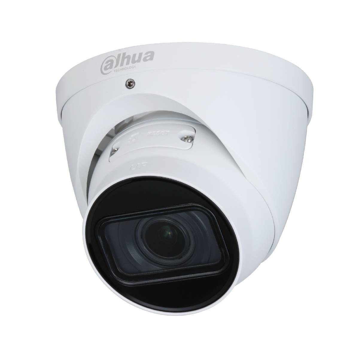 Telecamera di sicurezza Dahua bianca. Ha una parte superiore arrotondata e una faccia della telecamera nera e rettangolare.