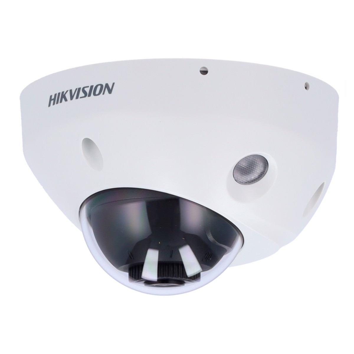 Biała kamera kopułkowa z przezroczystym, czarnym obszarem obiektywu. Zawiera etykietę 'HIKVISION'.
