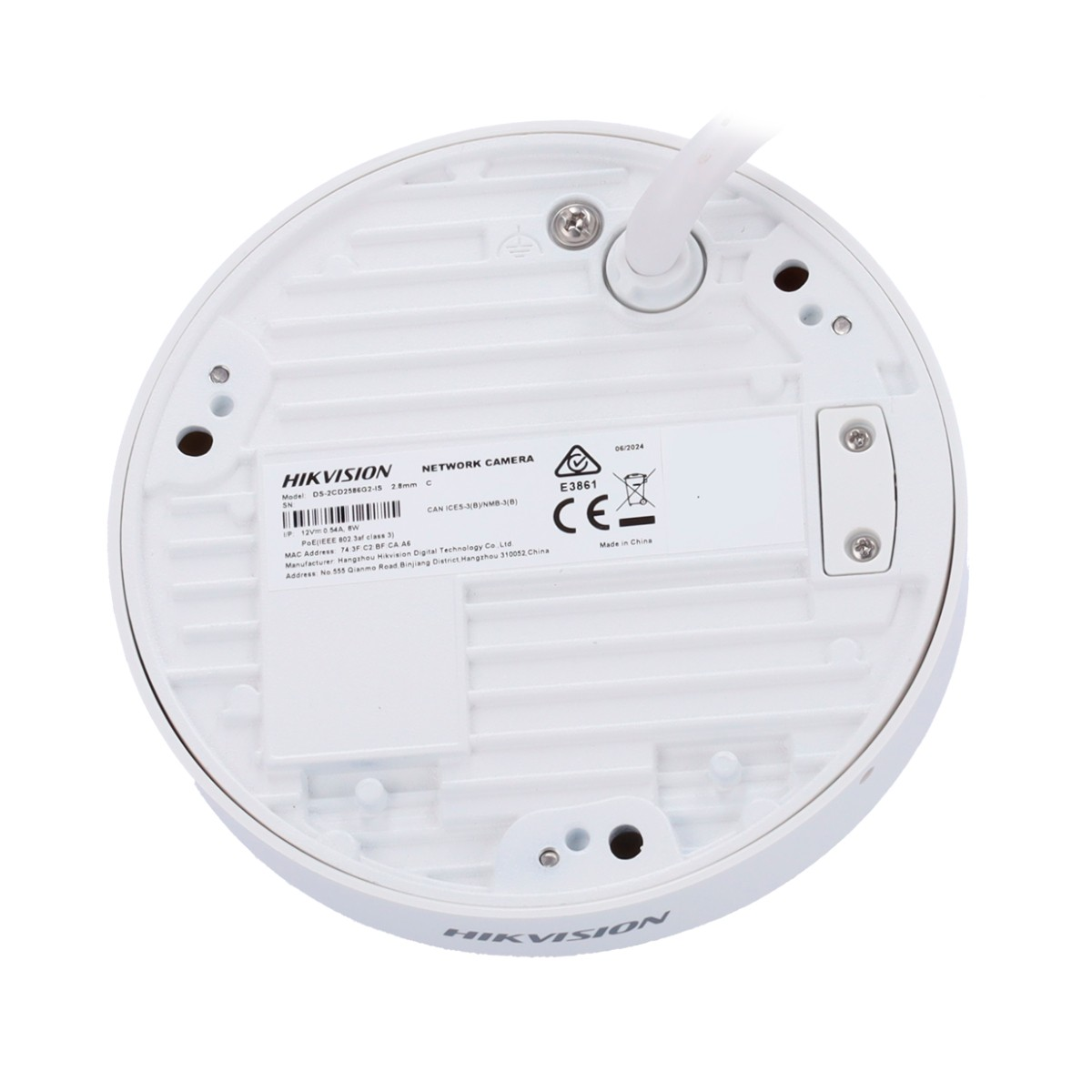 Biała podstawa kamery z etykietą, złączami i kablem.