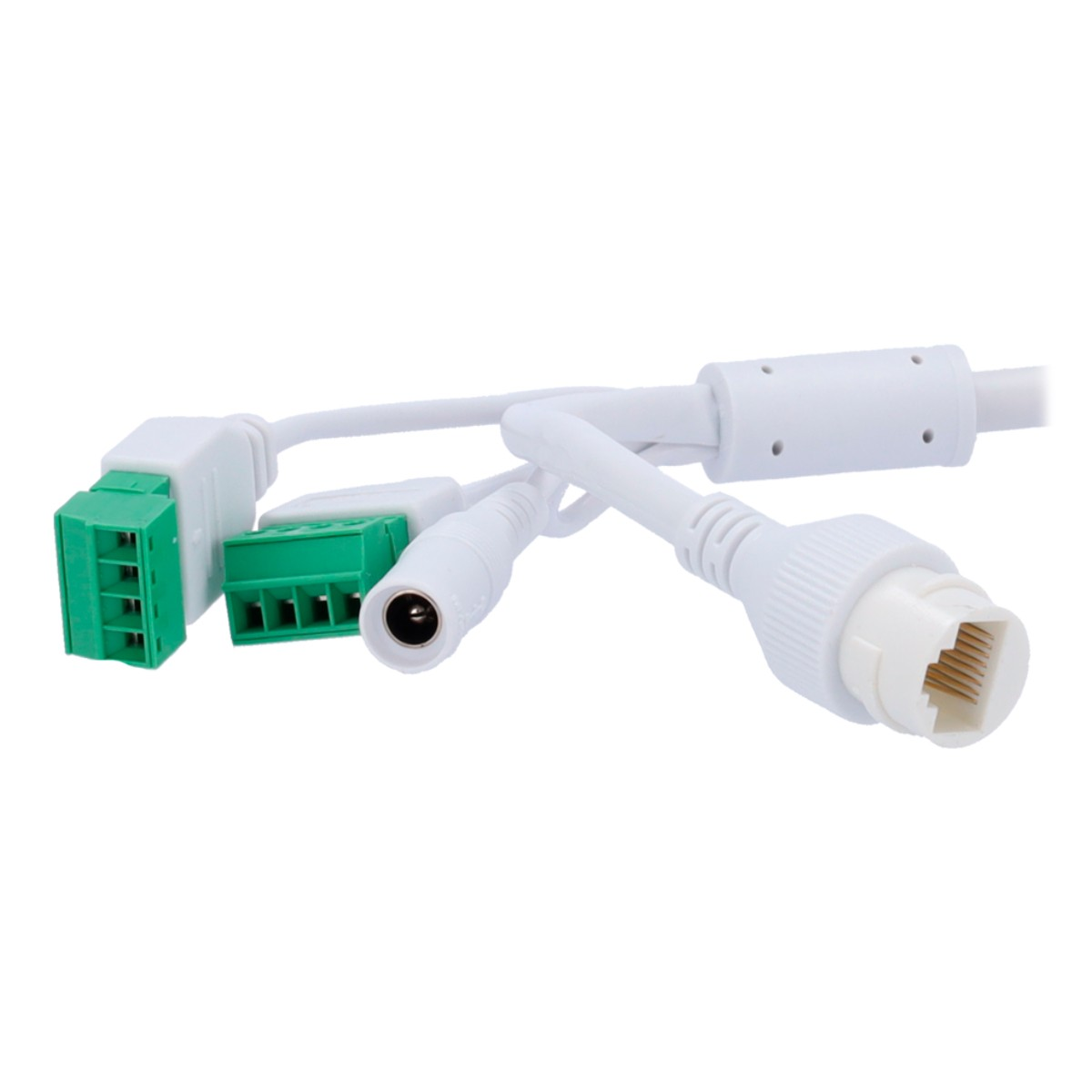 Białe kable z zielonymi złączami i portem sieciowym.