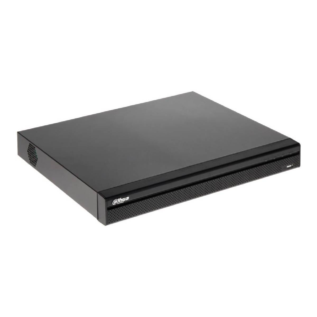 Dispositivo DVR nero con parte superiore piatta e l'etichetta 'dahua'. Su sfondo bianco.