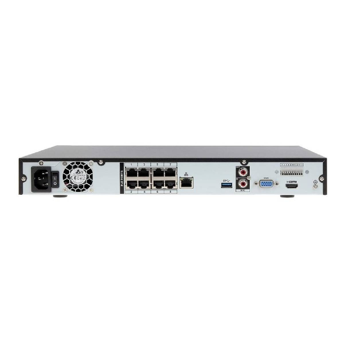 Un pannello posteriore di un DVR nero con varie porte.