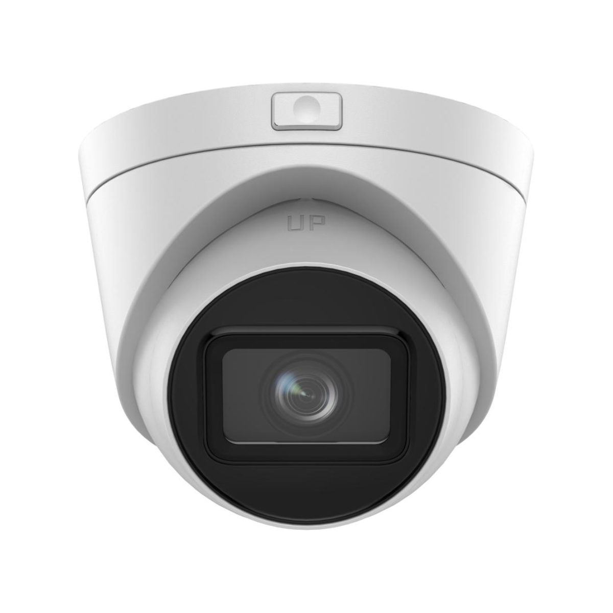 Telecamera a cupola bianca con lente nera. Include l'etichetta 'UP'.