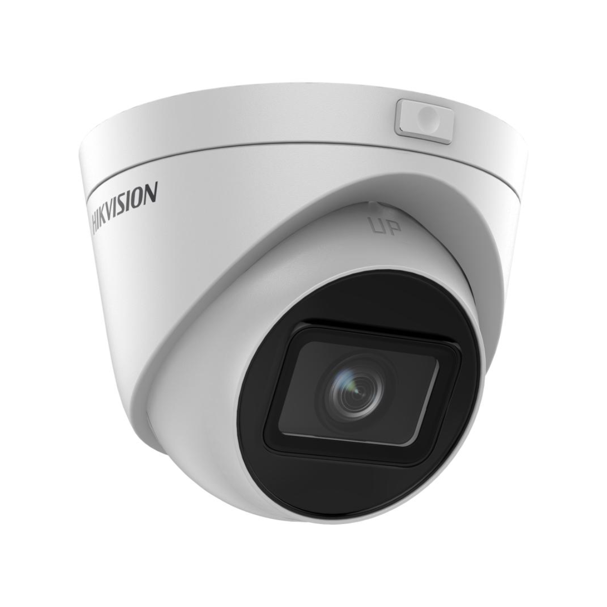 Telecamera di sicurezza a cupola bianca con obiettivo nero.
