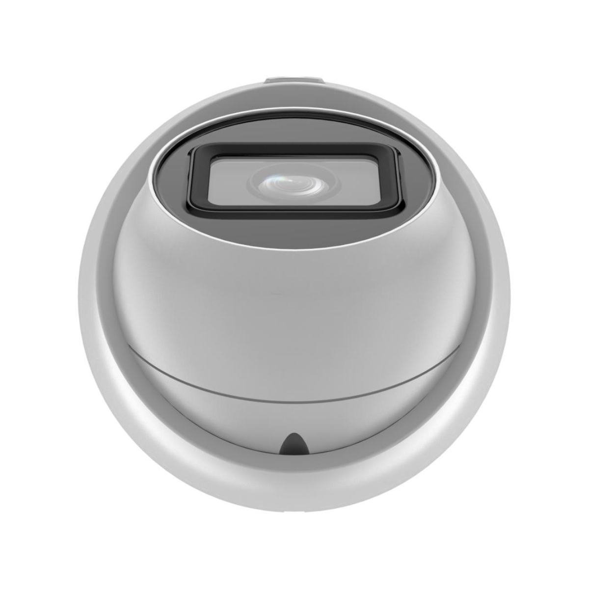 Telecamera a cupola grigia con lente trasparente. Presenta una forma arrotondata e sfondo bianco.