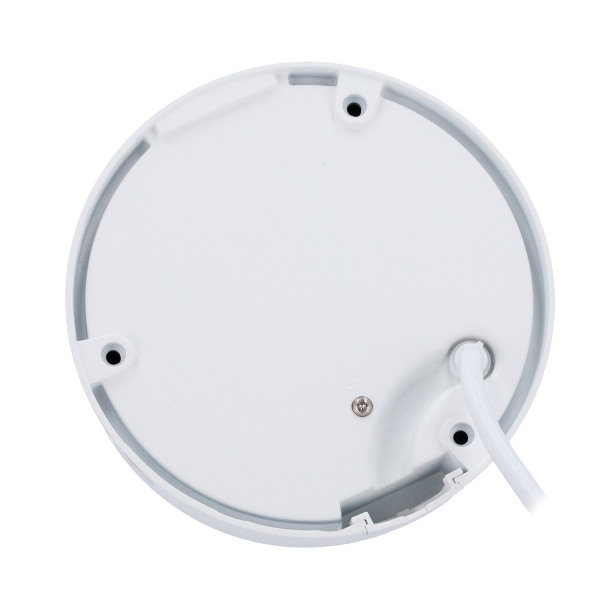Biała okrągła podstawa kamery z otworami na śruby i kablem.
