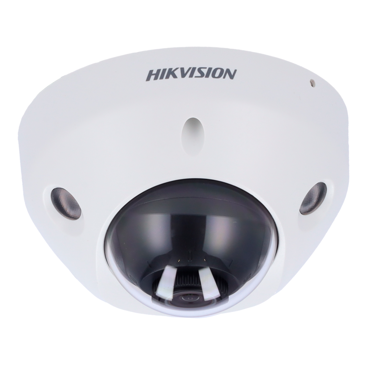 White dome security camera with black lens.