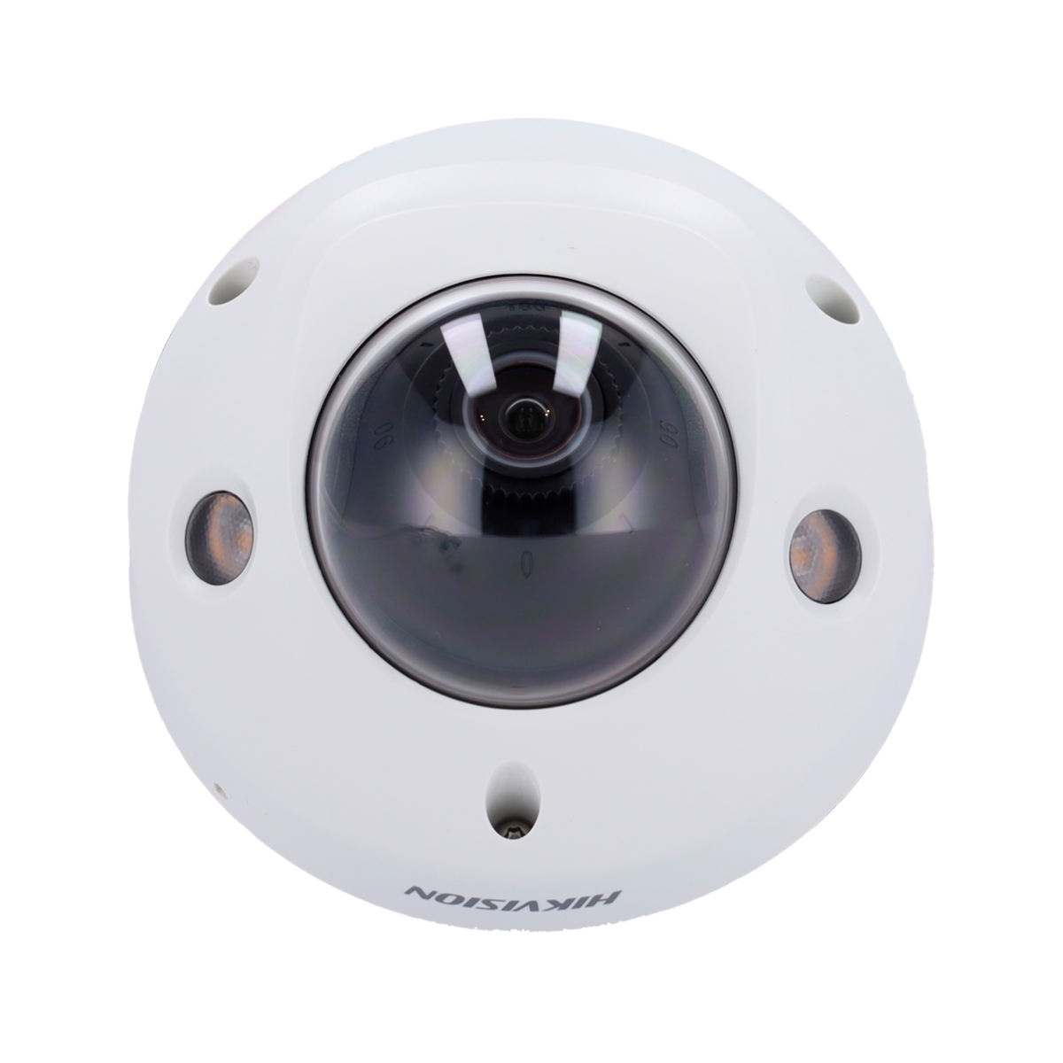White camera with lens and three orange lights around.