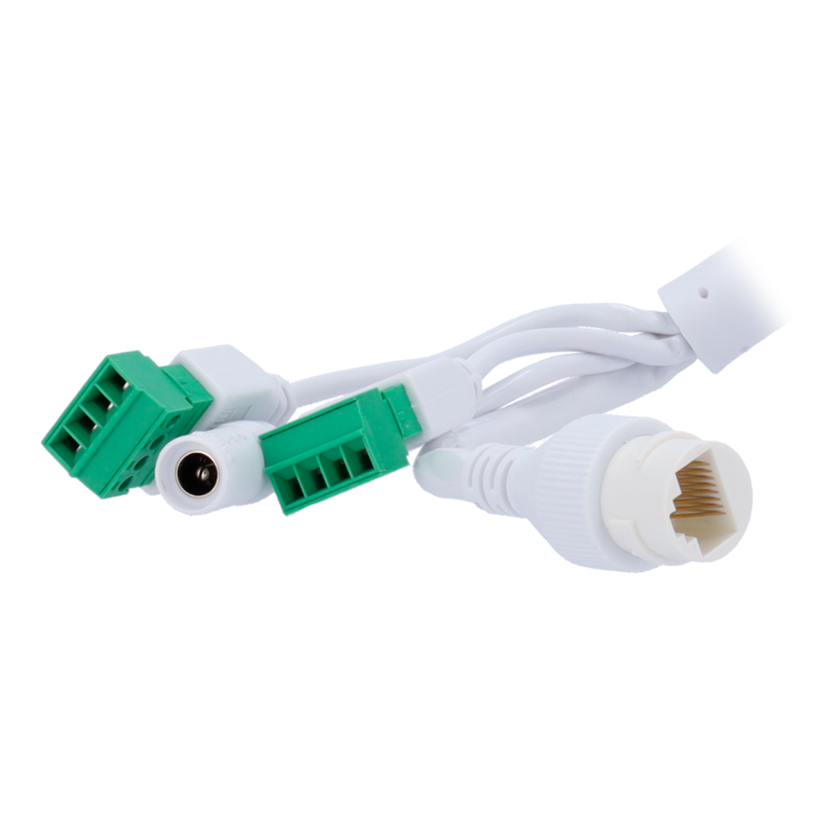 White cables with green connectors and a network port.