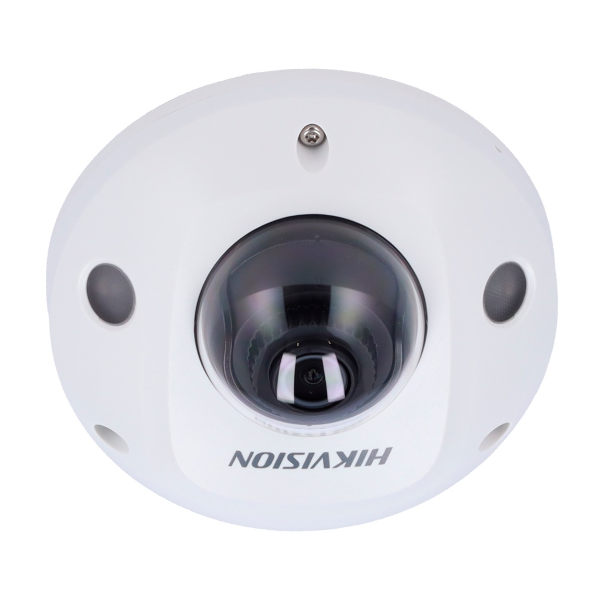 Telecamera di sicurezza a cupola bianca con obiettivo nero.